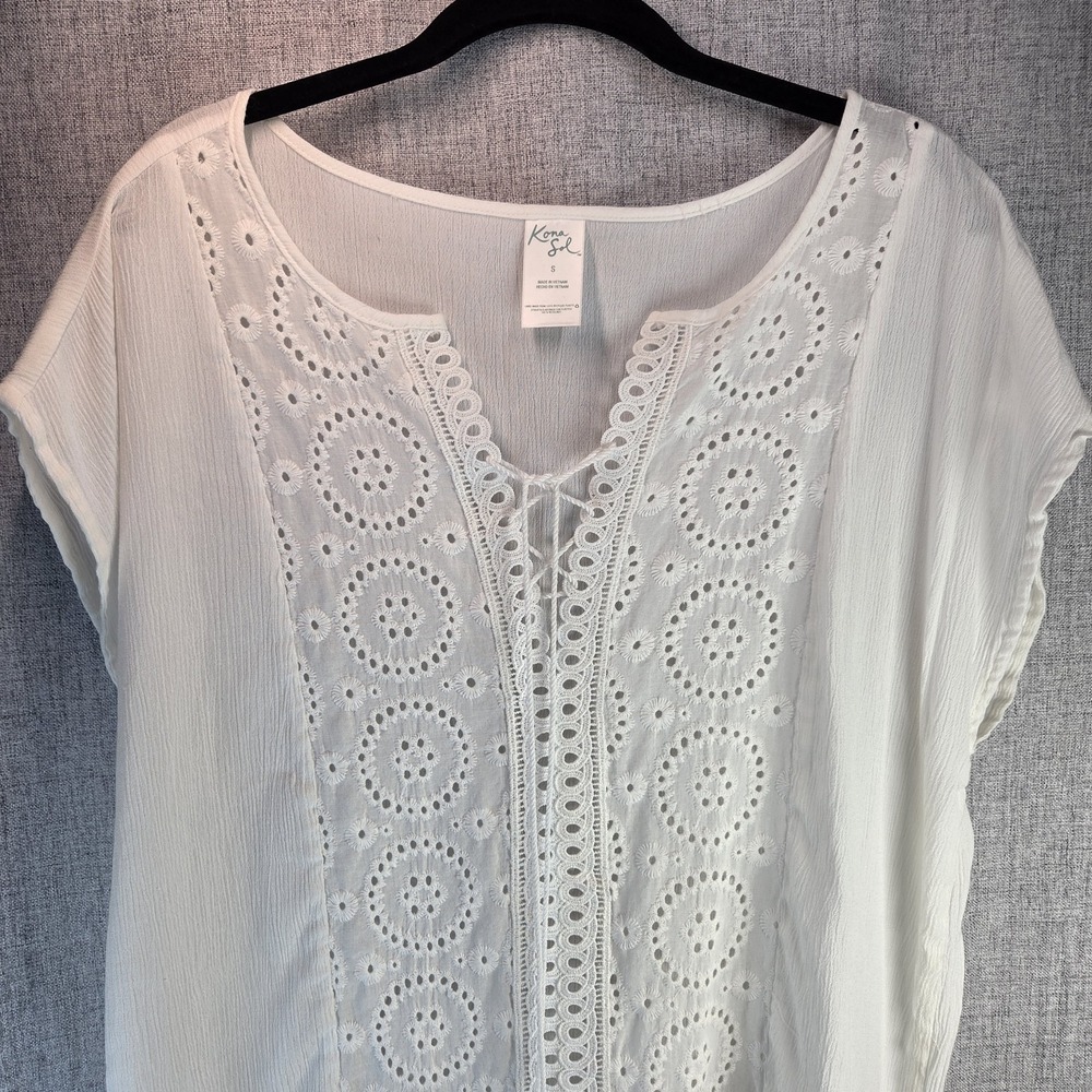 Kona Sol‎ White Eyelet Tassel Tie Boho Swim Beach Coverup Small Coastal Pullover